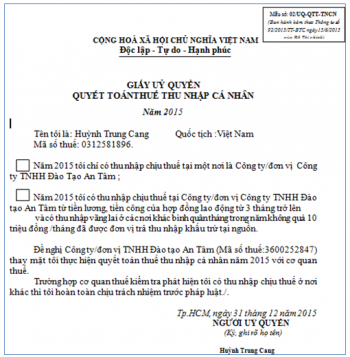 Điều kiện ủy quyền quyết toán thuế TNCN năm 2016